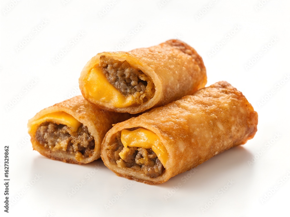 Crispy Golden Brown Egg Rolls Filled with Cheese and Meat on White Background Crispy Golden Brown Egg Rolls Filled with Cheese and Meat on White Background