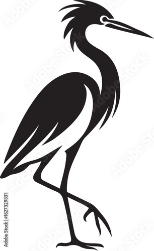 Walking heron bird silhouette vector, Wading bird black and white design