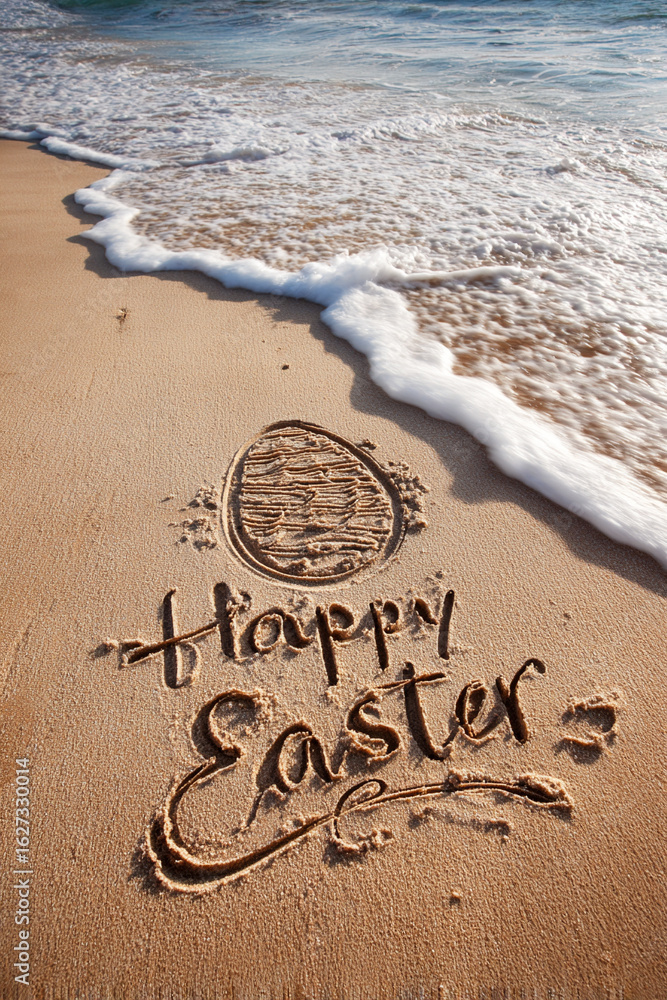 Fototapeta premium Happy Easter Written in Golden Sand with Minimalist Easter Egg Drawing and Wave Foam – Vertical Layout with Copy Space