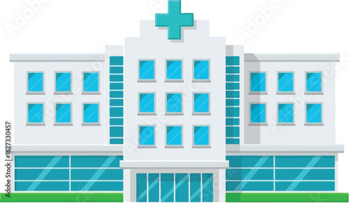 Modern hospital building facade with blue windows and green cross symbol