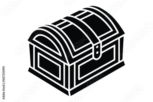 Stylized Black Treasure Chest Outline Depicting Antique Storage Container Design with Straps and Hinge