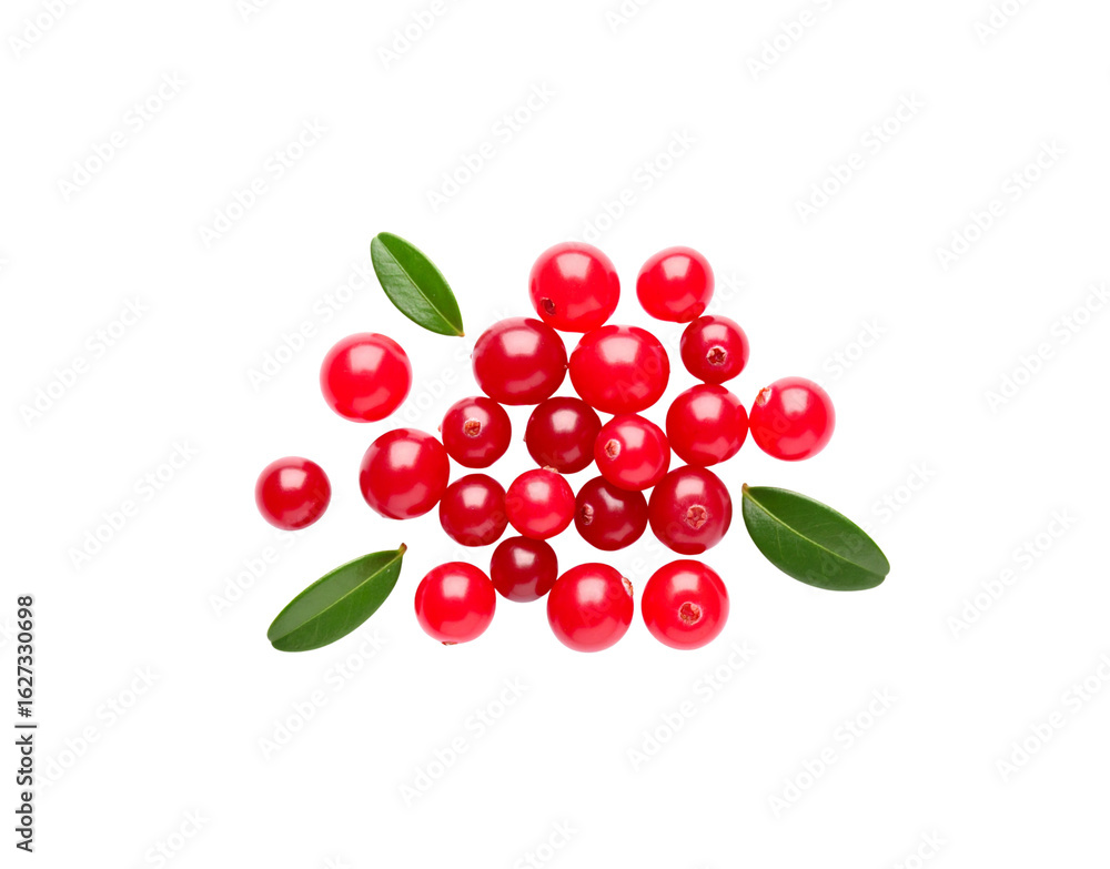 A vibrant pile of fresh glossy red cranberries and small green leaves viewed from above. A vibrant pile of fresh glossy red cranberries and small green leaves viewed from above.