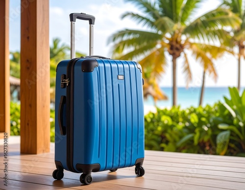 Blue suitcase on a porch