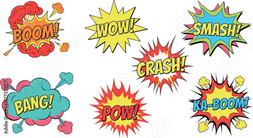 Collection of colorful comic book sound effect words like boom crash pow bang smash and ka boom