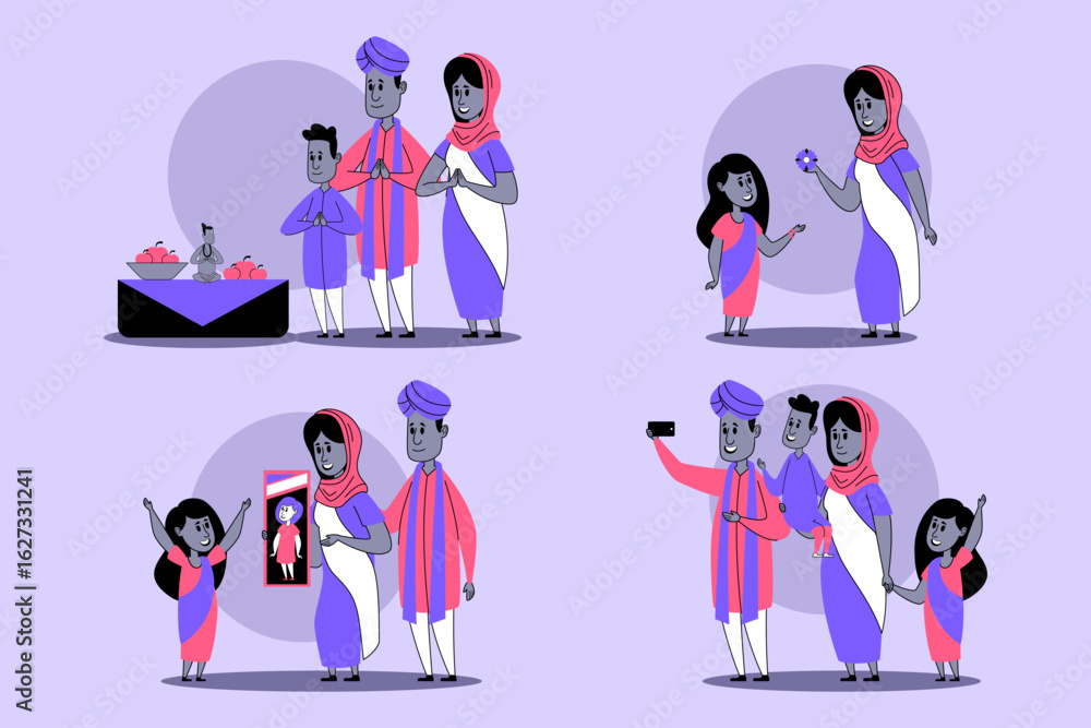 Fototapeta premium Family gathering to celebrate event while wearing colorful traditional clothing. They engaged in activities like taking pictures and enjoying festive treats together