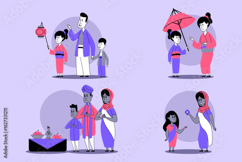 Diverse characters engaged in various cultural activities, showcasing traditional attire and customs. Heritage and community bonds concept