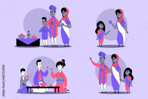 Colorful cultural celebration with families participating in various activities, including sharing sweets and enjoying traditional dress