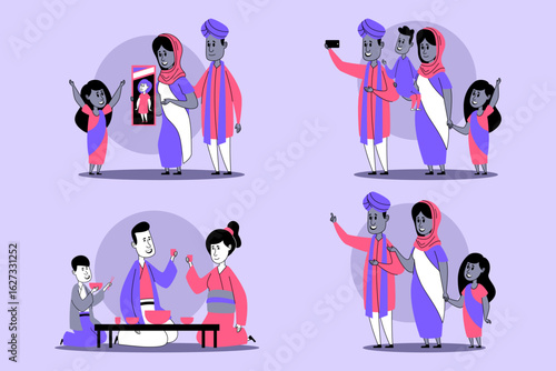 Joyful activities among families as they engaged in various cultural traditions. From taking photos to exchanging gifts, atmosphere is filled with happiness and togetherness