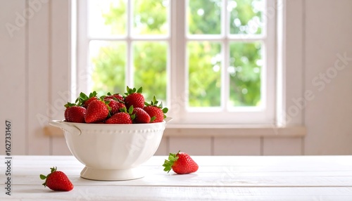Fresh strawberries in a white bowl on a white table in front of a window