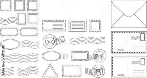 Collection of vintage postage stamps and postal markings in black and white outline style
