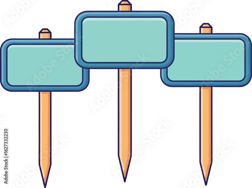 Three blank green signboards on wooden stakes isolated on a white background