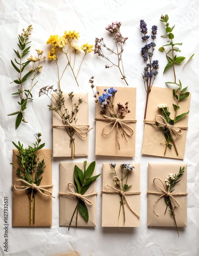 Beautifully wrapped gift packages adorned with fresh herbs and wildflowers, perfect for special occasions.