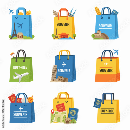 Collection of colorful shopping bags filled with travel souvenirs and landmarks, representing different destinations.
