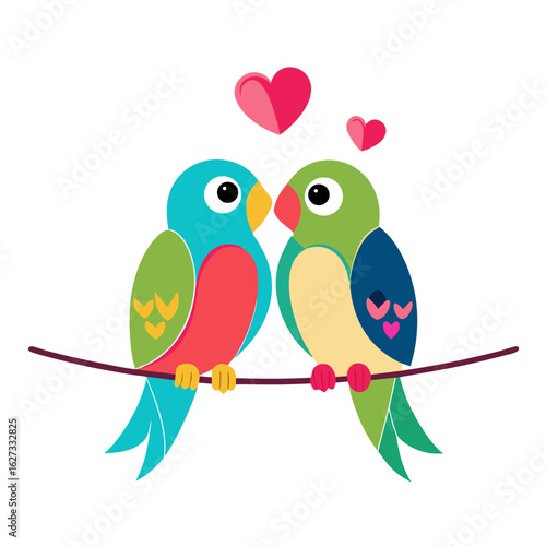 Two colorful lovebirds on a branch isolated on white background