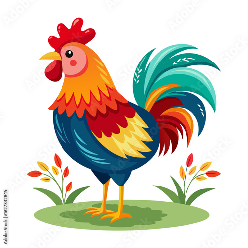 Colorful rooster standing proudly isolated on white background