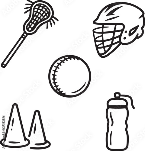 Small Stick, Mini Helmet, Soft Ball, Training Cones, Coach, and Water Bottle