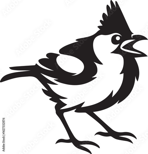 Noisy bird silhouette with open beak design, Songbird black and white vector illustration