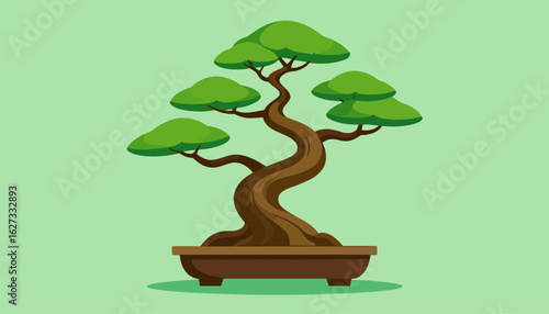 Elegant bonsai tree illustration with a sinuous brown trunk and lush green foliage pads in a ceramic pot.