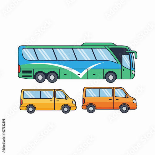 Cartoon illustration of a large bus and two smaller vans, side view.
