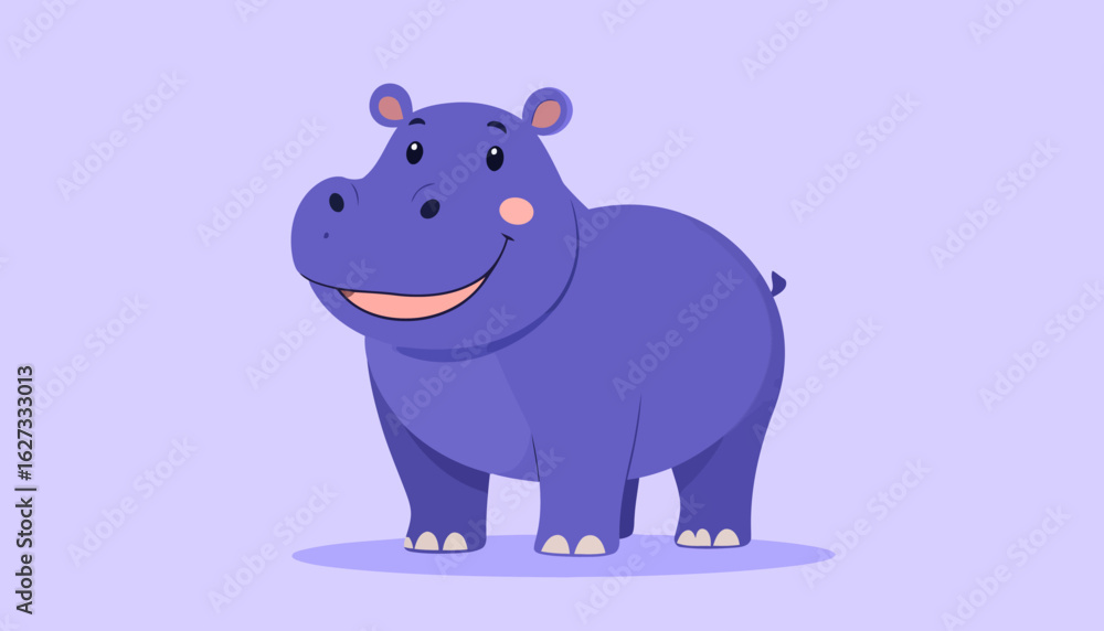 Fototapeta premium Cheerful purple cartoon hippopotamus standing with a wide, friendly smile and rosy cheeks.