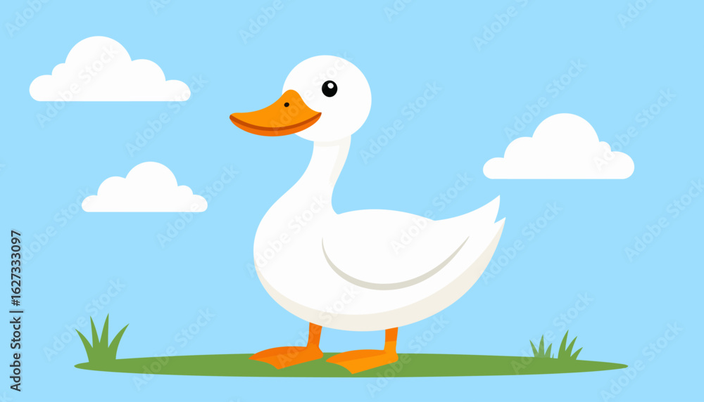 Obraz premium A charming white cartoon duck with a bright orange beak and webbed feet, depicted in a simple, flat vector style.