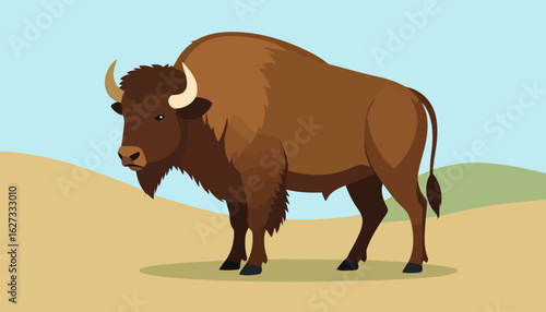 Majestic brown American bison with a shaggy mane and curved horns, in a flat vector style.
