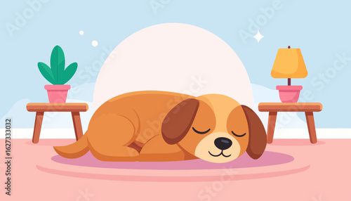 A cute brown and tan cartoon dog with floppy ears, curled up and sleeping peacefully.