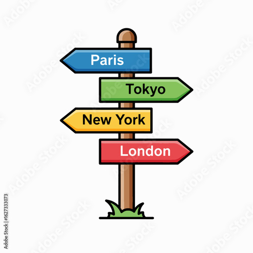 A wooden signpost points towards four major global cities: Paris, Tokyo, New York, and London.