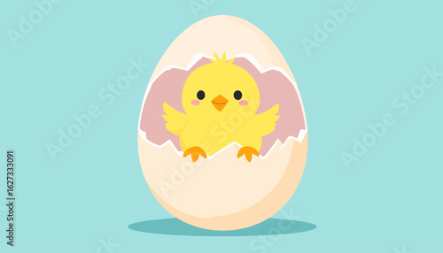 Adorable yellow baby chick with pink cheeks hatching from a cracked eggshell, cute cartoon illustration.