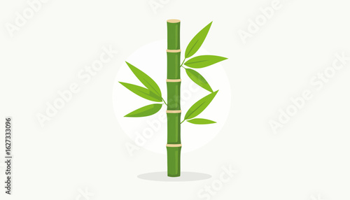 A single, segmented green bamboo stalk with fresh leaves, depicted in a clean, flat vector illustration style.