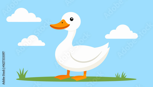 A charming white cartoon duck with a bright orange beak and webbed feet, depicted in a simple, flat vector style.