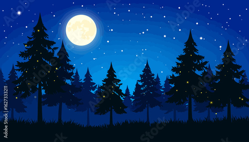 Pixel art forest with silhouetted pines and fireflies under a starry night sky and full moon.
