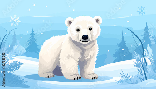 Adorable cartoon polar bear cub with fluffy white fur and a gentle, friendly smile.