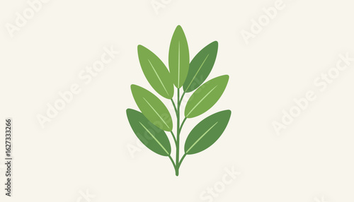 Stylized green plant sprig with two-tone elliptical leaves in a minimalist flat design.