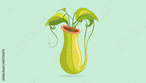 Stylized green carnivorous pitcher plant with a glossy body, orange rim, and leafy tendrils.