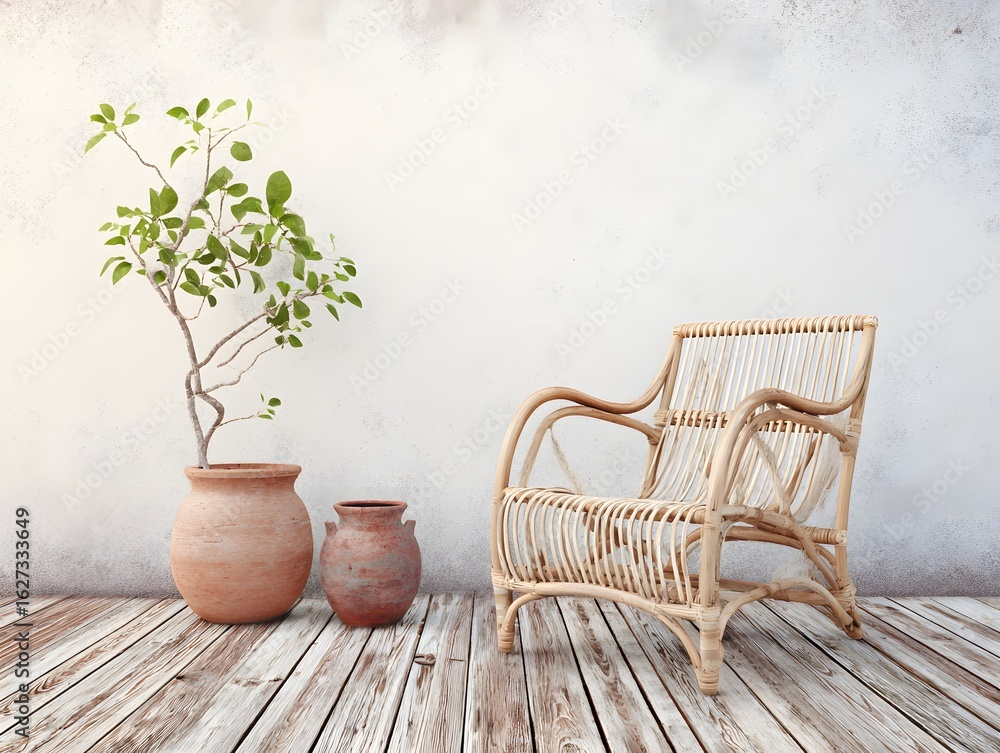 Fototapeta premium Simple Indoor Aesthetic Rattan Chair and Vase Display