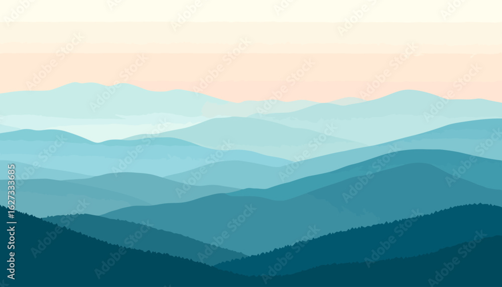 Obraz premium Serene layered mountain range with forested ridges, depicted in shades of blue and teal.