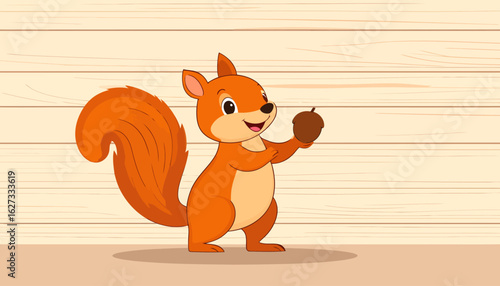 Adorable orange cartoon squirrel character with a big bushy tail, happily holding a brown acorn.