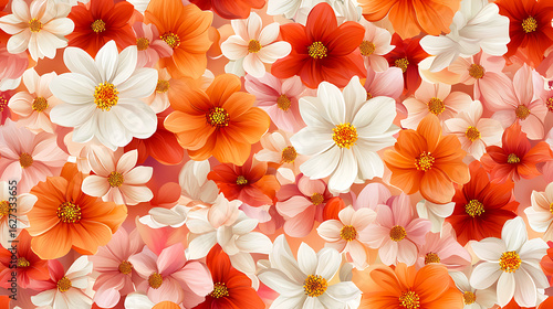 Vibrant seamless pattern featuring cosmos flowers in warm shades of orange, pink, and white, creating cheerful and lively atmosphere