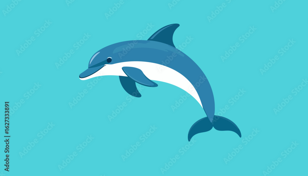 Fototapeta premium Flat vector illustration of a cheerful blue dolphin with a white underside, arched in a playful jump.