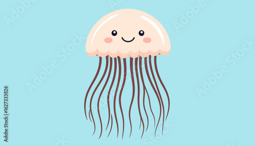 Cute cartoon jellyfish with a happy smiling face, rosy cheeks, and long brown tentacles.
