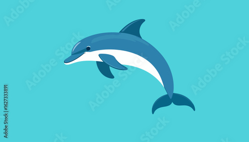 Flat vector illustration of a cheerful blue dolphin with a white underside, arched in a playful jump.