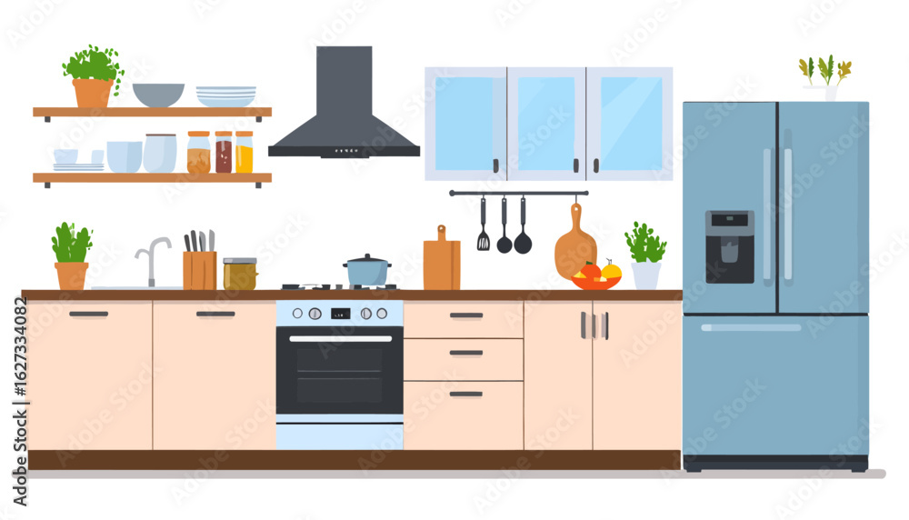 Fototapeta premium Modern kitchen interior illustration with appliances, furniture, and utensils. Flat vector design of a cozy cooking space.