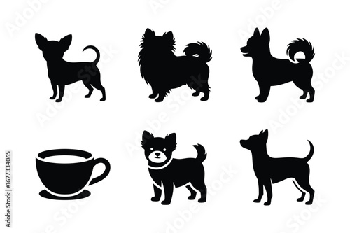 Chihuahua silhouettes and coffee cup black white