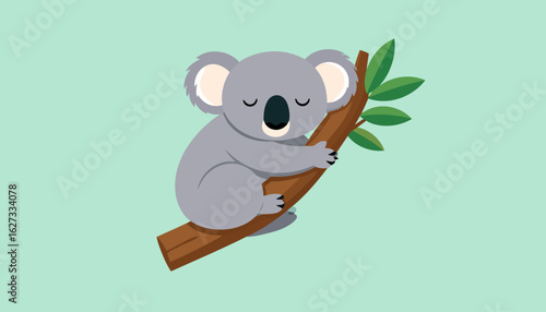 Cute gray cartoon koala with closed eyes sleeping peacefully while clinging to a brown tree branch.