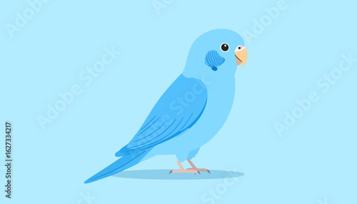 Adorable light blue budgie parakeet with striped cheek patch, standing in profile.