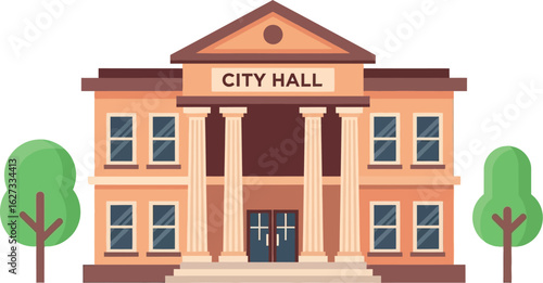 Classic american city hall building with columns and trees on a white background