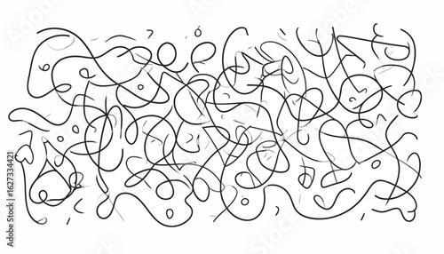 Chaotic tangle of hand-drawn black and grey scribbles, loops, and curves.