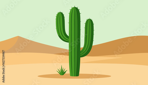 A tall green saguaro cactus illustration with three ribbed arms and sharp, dark green spines.