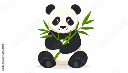 Cute cartoon giant panda sitting and holding a green bamboo stalk